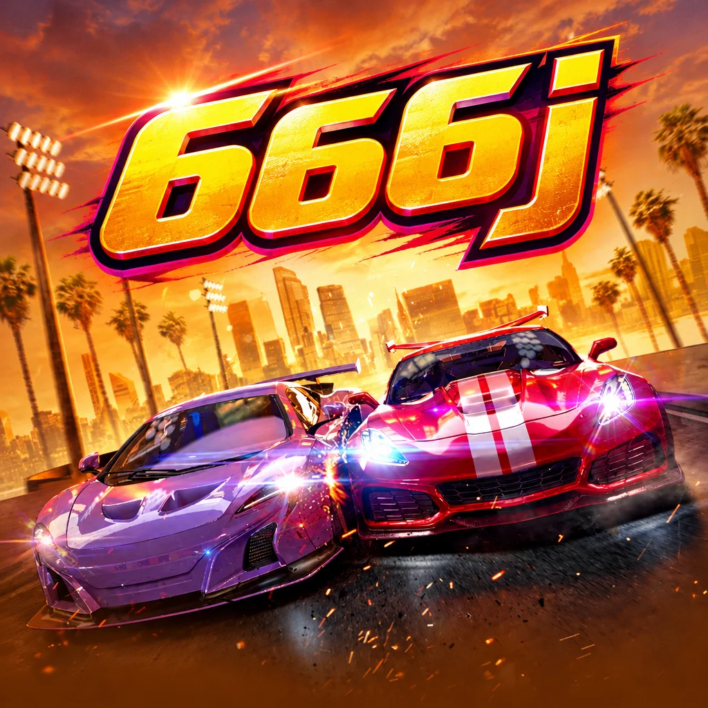 Adu kecepatan dua mobil sport ungu dan merah berlatar kota senja pada Speed Winner di 666j
